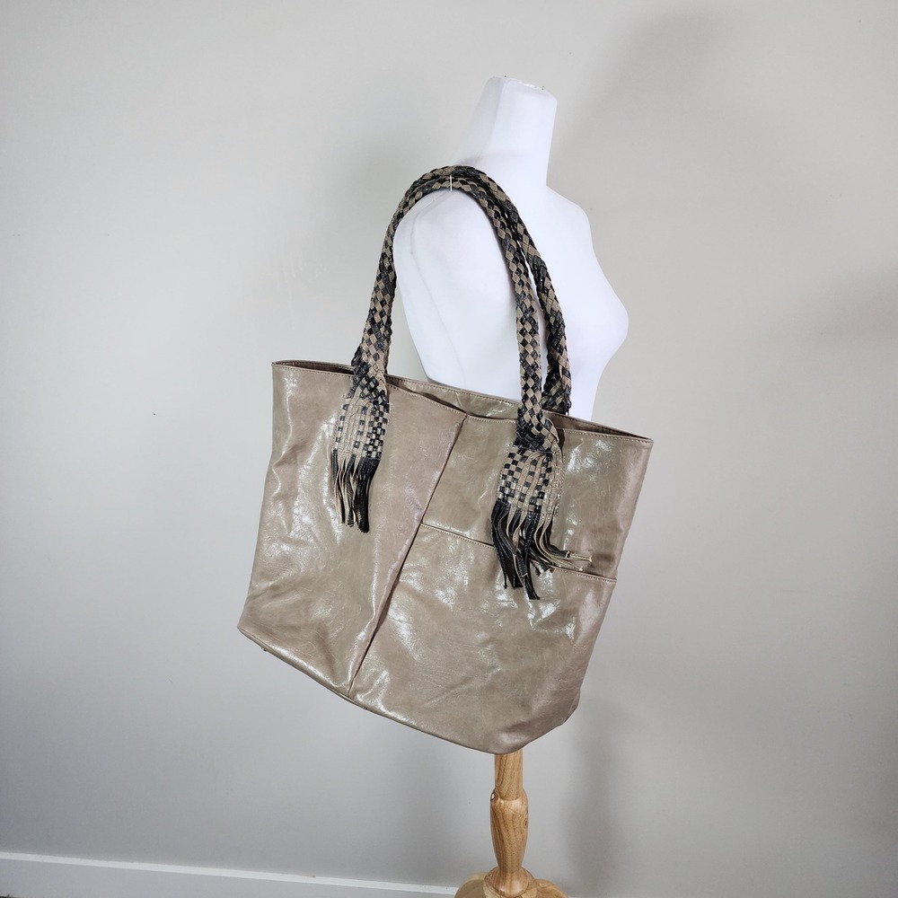 Oversize Tote Bag Taupe Woven Fringe Boho Braid Tassel Artisan Slouchy Mushroom